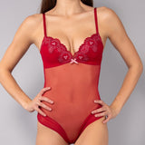 Body con coppe imbottite in tulle ricamato - CILIEGIA - OF43