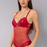Body con coppe imbottite in tulle ricamato - CILIEGIA - OF43