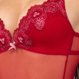 Body con coppe imbottite in tulle ricamato - CILIEGIA - OF43