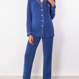 Pigiama con maglia a manica lunga, collo revers e pantalone lungo in modal - BLU - CH13