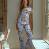 Pigiama con maglia serafino a manica corta e pantalone lungo in cotone - CIELO - R011