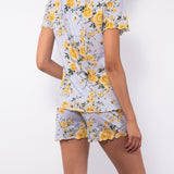Pigiama con maglia aperta a manica corta e pantaloncino in cotone - CIELO - RO12