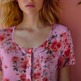 Pigiama con maglia aperta a manica corta e pantaloncino in cotone - ROSE - RO12