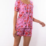 Pigiama con maglia aperta a manica corta e pantaloncino in cotone - ROSE - RO12