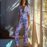 Pigiama con maglia aperta a manica corta e pantalone lungo in viscosa stretch - PINK - SU13