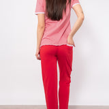 Pigiama con maglia serafino a manica corta e pantalone lungo in cotone - ROSSO - VH11