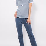 Pigiama con maglia serafino a manica corta e pantalone lungo in cotone - DENIM - VH11