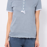 Pigiama con maglia serafino a manica corta e pantalone lungo in cotone - DENIM - VH11