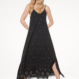 Abito lungo in cotone con ricami e frange - NERO - AL52