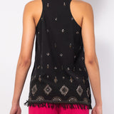 Top in cotone senza maniche con ricami e frange - NERO - TP57