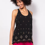 Top in cotone senza maniche con ricami e frange - NERO - TP57