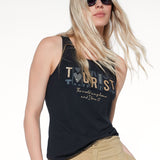 Canotta in cotone stretch con scritta e strass - NERO - TS06