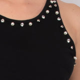 Canotta in cotone stretch con strass e perle - NERO - TS07