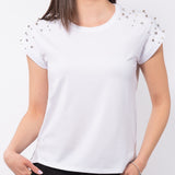 T-shirt in viscosa e cotone con strass e perle - BIANCO - TS15