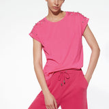 T-shirt in viscosa e cotone con strass e perle - FUXIA - TS15