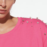 T-shirt in viscosa e cotone con strass e perle - FUXIA - TS15
