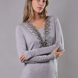 Camicia da notte Corta Scollo a V Viscosa Chevron - GRIGIO MELANGE - LE28