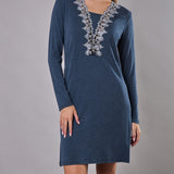 Camicia da notte Corta Scollo a V Viscosa Chevron - BLU MELANGE - LE28