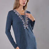 Camicia da notte Corta Scollo a V Viscosa Chevron - BLU MELANGE - LE28