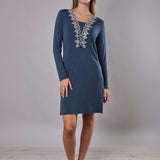 Camicia da notte Corta Scollo a V Viscosa Chevron - BLU MELANGE - LE28