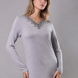 Camicia da notte Lunga Scollo a V Viscosa Chevron - GRIGIO MELANGE - LE29