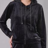 Felpa con Zip e Cappuccio Ciniglia Strass - NERO - MA50