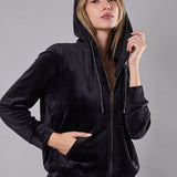 Felpa con Zip e Cappuccio Ciniglia Strass - NERO - MA50