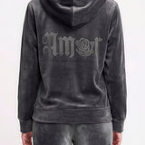 Felpa con Zip e Cappuccio Ciniglia Strass - ANTRACITE - MA50