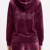 Felpa con Zip e Cappuccio Ciniglia Strass - BORGOGNA - MA50