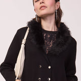 Cappotto in Maglia con Collo Removibile Faux Fur - NERO - ST81