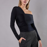 Body Monospalla a Manica Lunga Tessuto Glossy - BLACK - NS43