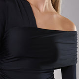 Body Monospalla a Manica Lunga Tessuto Glossy - BLACK - NS43