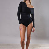 Body Monospalla a Manica Lunga Tessuto Glossy - BLACK - NS43