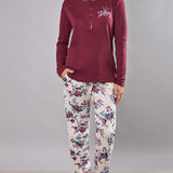 Pigiama Lungo Serafino in Cotone Fiori d'Inverno  - CILIEGIA - PL11