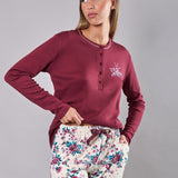 Pigiama Lungo Serafino in Cotone Fiori d'Inverno  - CILIEGIA - PL11