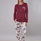 Pigiama Lungo Serafino in Cotone Fiori d'Inverno  - CILIEGIA - PL11