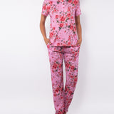 Pigiama con maglia serafino a manica corta e pantalone lungo in cotone - ROSE - R011
