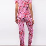 Pigiama con maglia serafino a manica corta e pantalone lungo in cotone - ROSE - R011