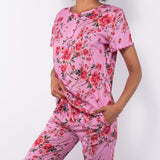 Pigiama con maglia serafino a manica corta e pantalone lungo in cotone - ROSE - R011