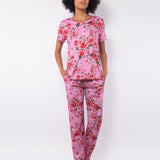 Pigiama con maglia serafino a manica corta e pantalone lungo in cotone - ROSE - R011