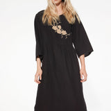 Abito midi in viscosa e lino con applicazione floreale - NERO - AM43