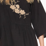 Abito midi in viscosa e lino con applicazione floreale - NERO - AM43