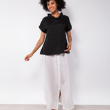 Blusa in viscosa e lino con scollo morbido e maniche corte - NERO - BL40