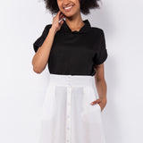 Blusa in viscosa e lino con scollo morbido e maniche corte - NERO - BL40