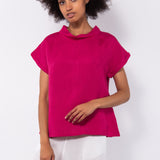 Blusa in viscosa e lino con scollo morbido e maniche corte - FUXIA - BL40