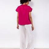 Blusa in viscosa e lino con scollo morbido e maniche corte - FUXIA - BL40