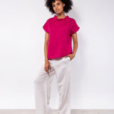 Blusa in viscosa e lino con scollo morbido e maniche corte - FUXIA - BL40