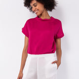 Blusa in viscosa e lino con scollo morbido e maniche corte - FUXIA - BL40
