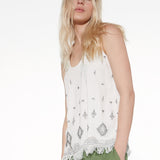 Top in cotone senza maniche con ricami e frange - TP57