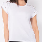 T-shirt in viscosa e cotone con strass e perle - BIANCO - TS15